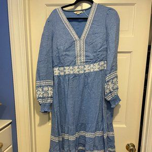 Boden, size M, Chambray long sleeve maxi dress with white embroidery.